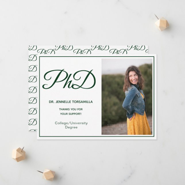 PhD degree White Green Photo Script Announcement (Front/Back In Situ)