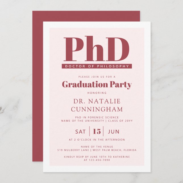 PhD Doctor of Philosophy Doctoral Graduation Invitation (Front/Back)