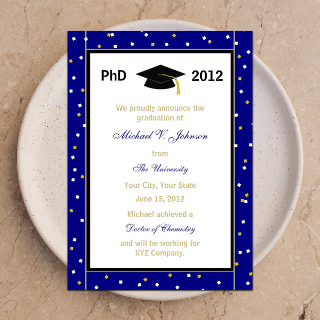 PhD Doctoral Announcement Blue Confetti | Zazzle