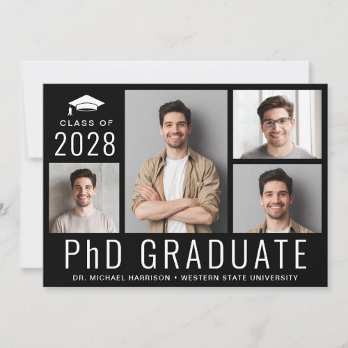 PhD Doctorate 5 Photo Black Graduation Party Invitation