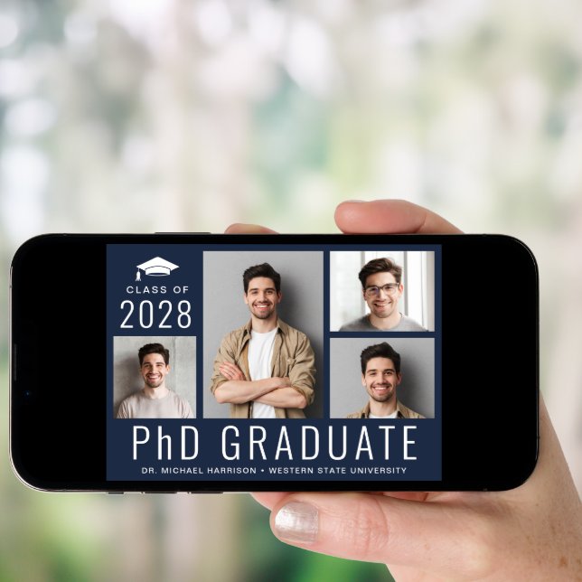 PhD Doctorate 5 Photo Blue Graduation Party Invitation (Front Digital)