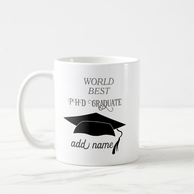 phd doctorate graduate cap celebration present coffee mug (Left)