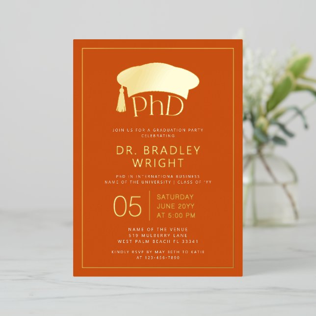 Phd Doctorate Hat Doctoral Degree Graduation Foil Invitation (Standing Front)