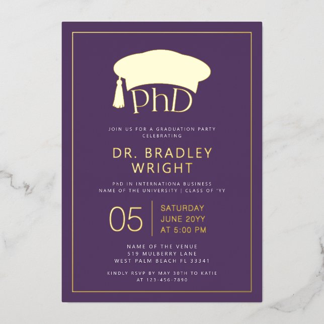 Phd Doctorate Hat Doctoral Degree Graduation Foil Invitation (Front)