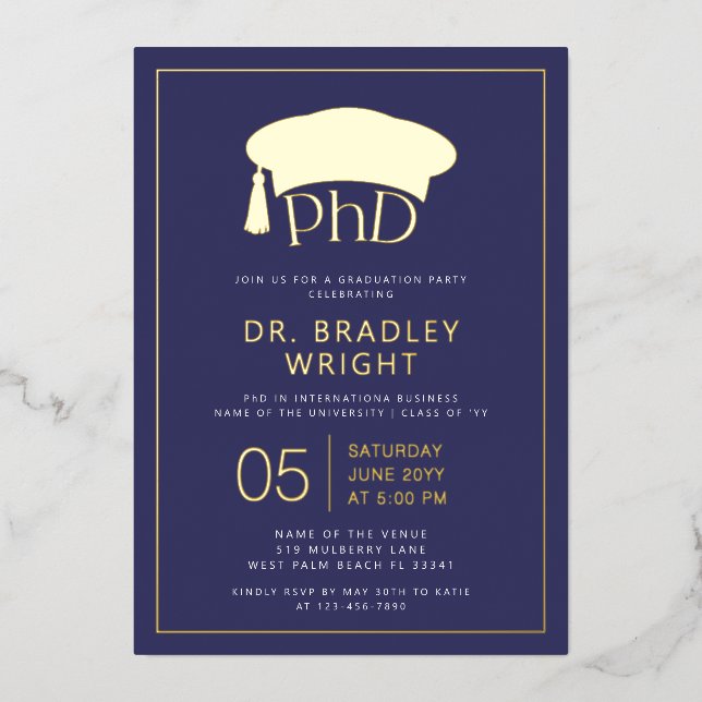 Phd Doctorate Hat Doctoral Degree Graduation Foil Invitation (Front)