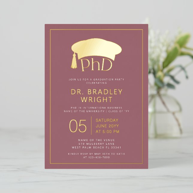 Phd Doctorate Hat Doctoral Degree Graduation Foil Invitation (Standing Front)