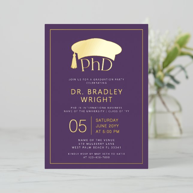 Phd Doctorate Hat Doctoral Degree Graduation Foil Invitation (Standing Front)