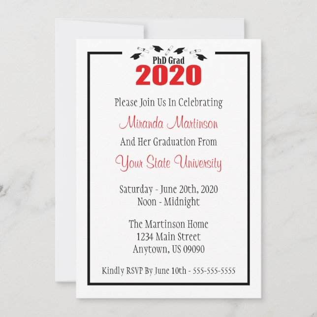 PhD Grad 2020 Graduation Invitation (Red Caps) (Front)