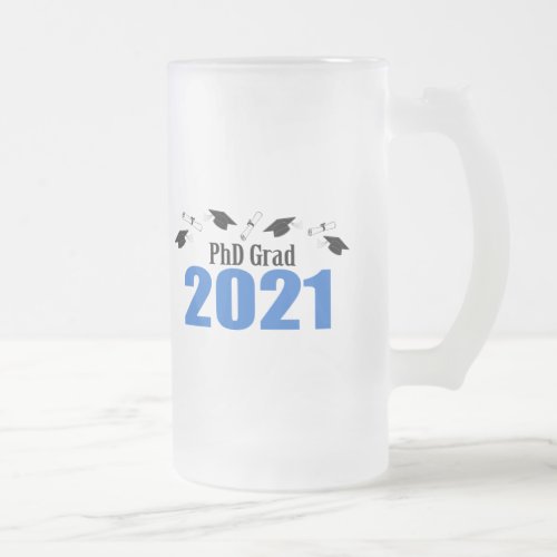 PhD Grad 2021 Caps And Diplomas Blue Frosted Glass Beer Mug