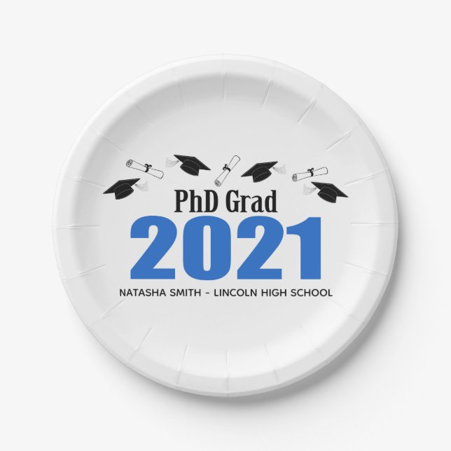 Phd Grad 2021 Graduation Caps & Diplomas (Blue) Paper Plates (Front)