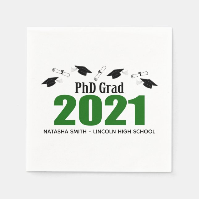 PhD Grad 2021 Graduation Caps & Diplomas (Green) Napkins (Front)