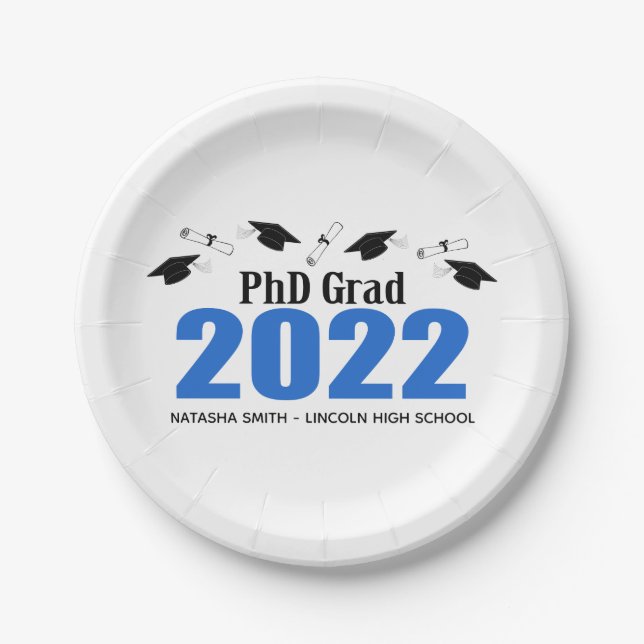 Phd Grad 2022 Graduation Caps & Diplomas (Blue) Paper Plates (Front)