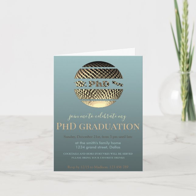 PhD graduation gold blue invitation card (Front)