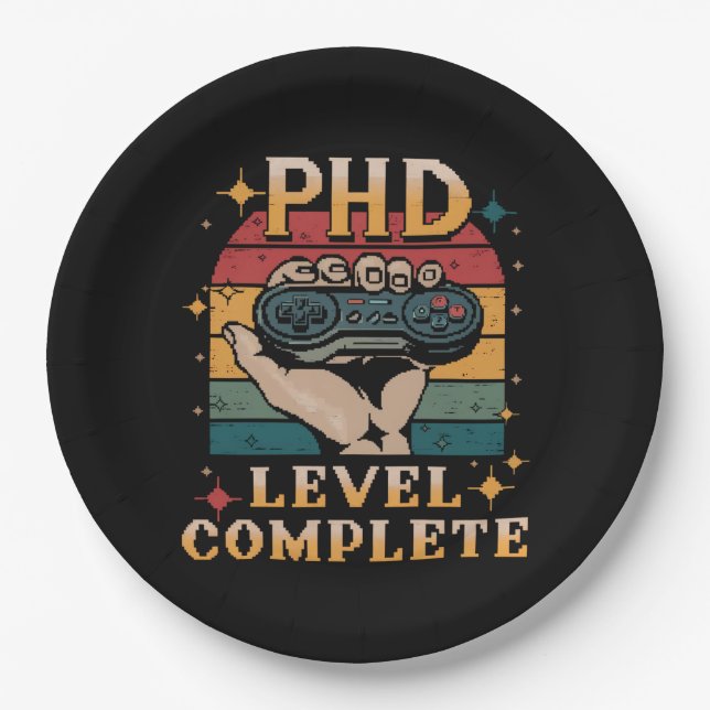 PhD Level Complete Graduation Doctorate Gaming Paper Plates (Front)