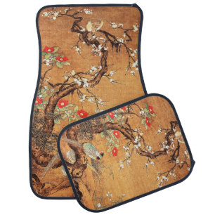 Pheasant and camellia oriental chinese ink art car floor mat