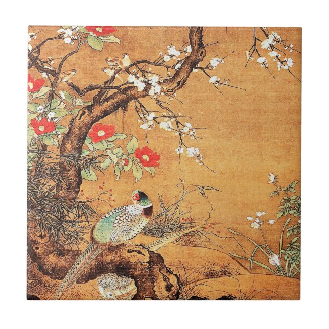 Pheasant and camellia oriental chinese ink art ceramic tile (Front)