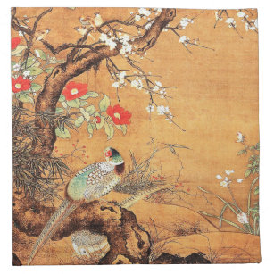 Pheasant and camellia oriental chinese ink art cloth napkin