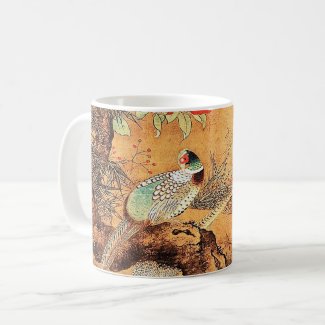 Pheasant and camellia oriental chinese ink art coffee mug