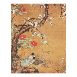 Pheasant and camellia oriental chinese ink art faux canvas print