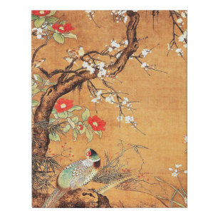 Pheasant and camellia oriental chinese ink art faux canvas print