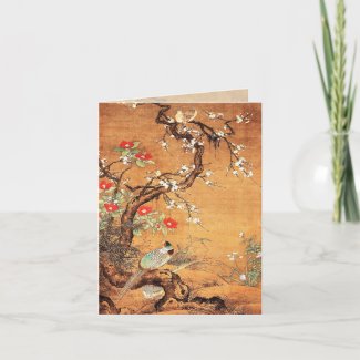 Pheasant and camellia oriental chinese ink art holiday card