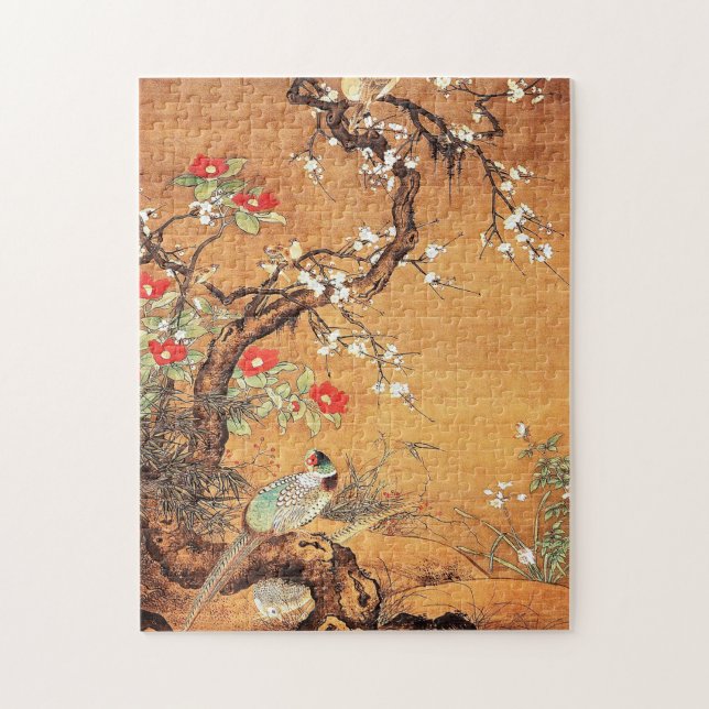 Pheasant and camellia oriental chinese ink art jigsaw puzzle (Vertical)
