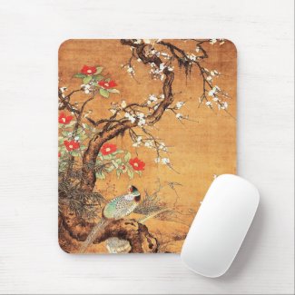 Pheasant and camellia oriental chinese ink art mouse pad