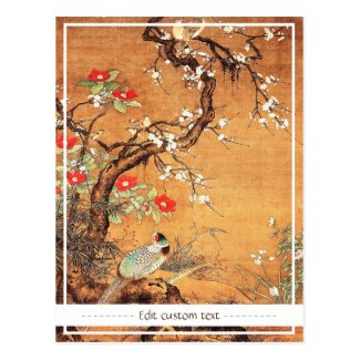 Pheasant and camellia oriental chinese ink art postcard