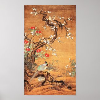 Pheasant and camellia oriental chinese ink art poster