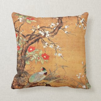 Pheasant and camellia oriental chinese ink art throw pillow
