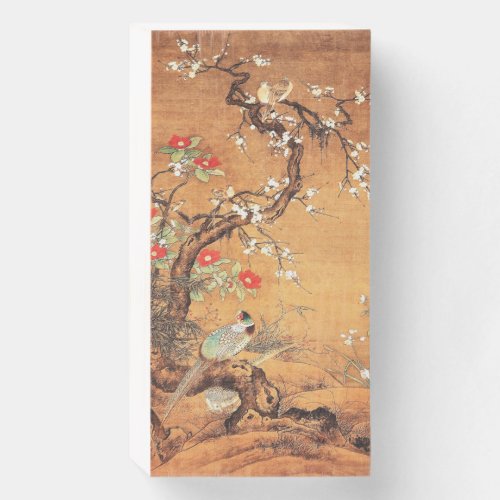 Pheasant and camellia oriental chinese ink art wooden box sign