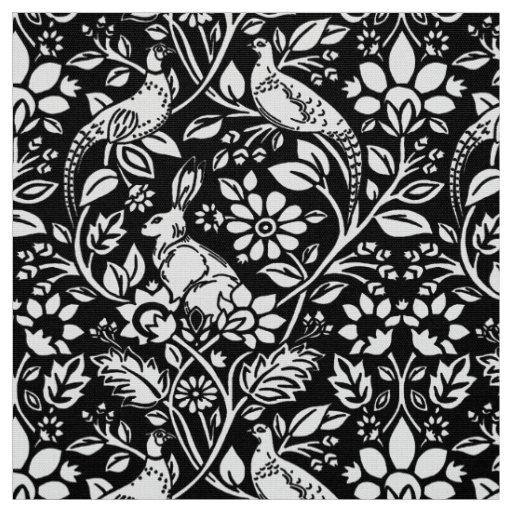 Pheasant and Hare Pattern, Black and White Fabric