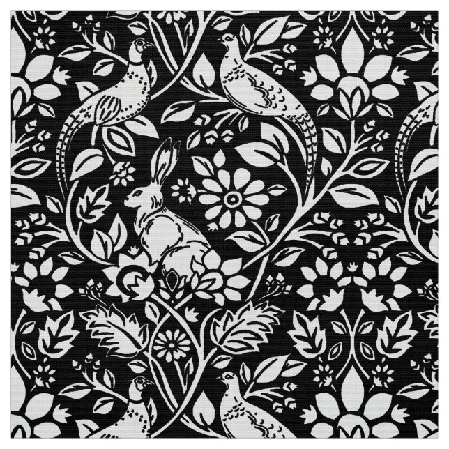 Pheasant and Hare Pattern, Black and White Fabric (Swatch)