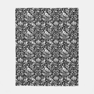 Pheasant and Hare Pattern, Black and White Fleece Blanket