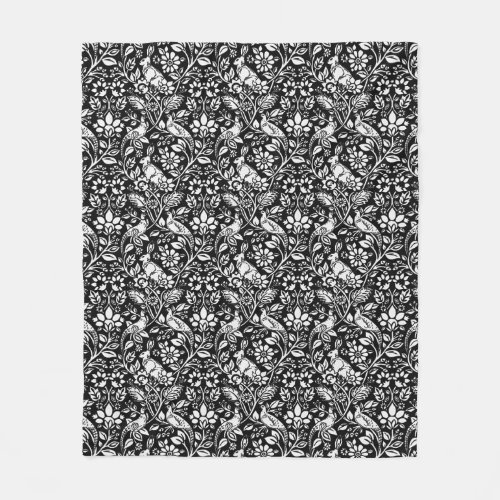 Pheasant and Hare Pattern Black and White  Fleece Blanket