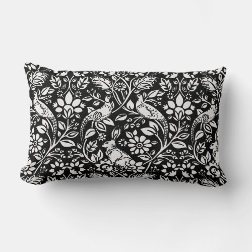 Pheasant and Hare Pattern Black and White Lumbar Pillow