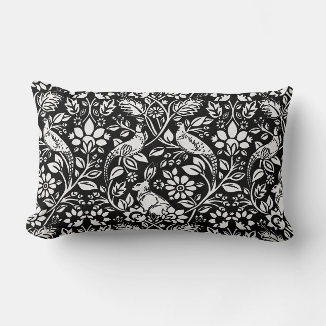 Pheasant and Hare Pattern, Black and White Lumbar Pillow (Front)