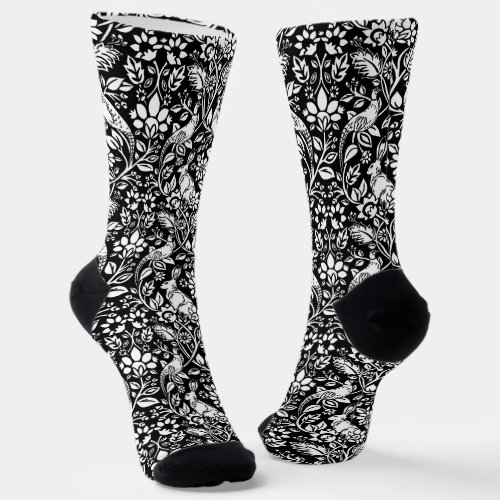 Pheasant and Hare Pattern Black and White  Socks