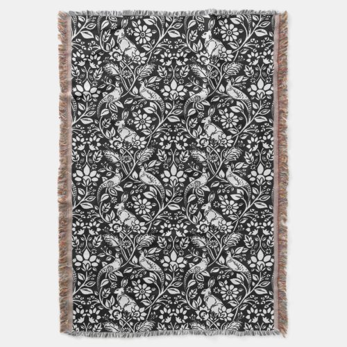Pheasant and Hare Pattern Black and White  Throw Blanket