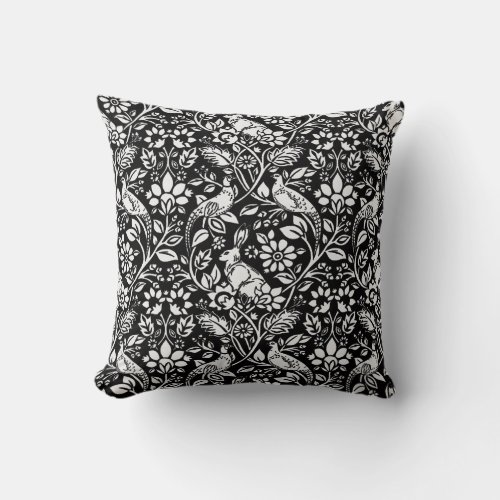 Pheasant and Hare Pattern Black and White Throw Pillow
