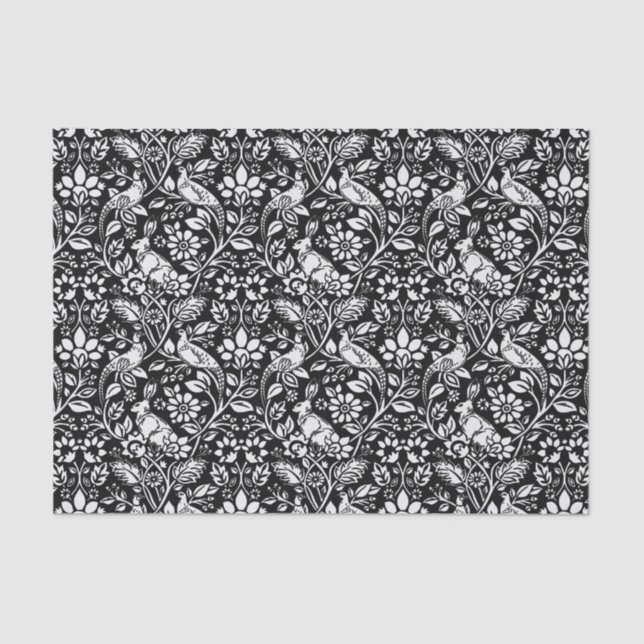 Pheasant and Hare Pattern, Black and White  Tissue Paper (Front)