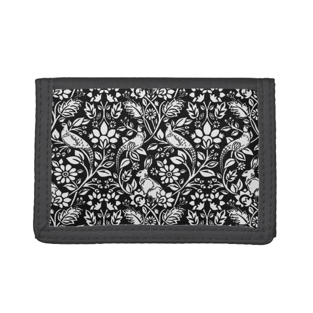Pheasant and Hare Pattern, Black and White  Trifold Wallet (Front)