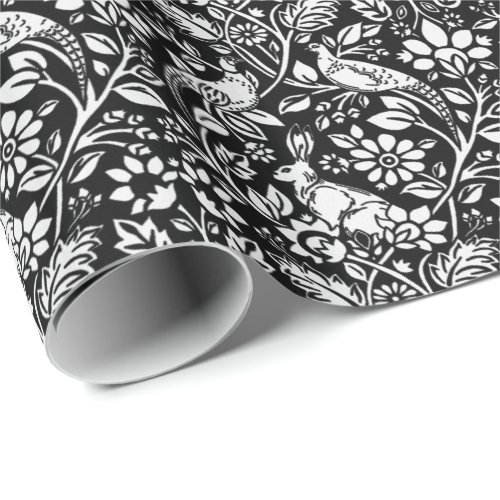 Pheasant and Hare Pattern Black and White  Wrapping Paper