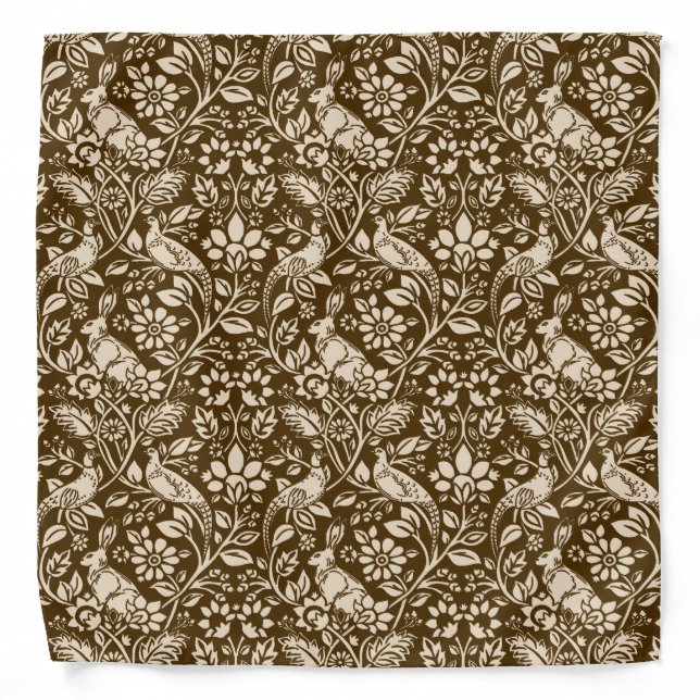 Pheasant and Hare Pattern, Brown and Beige Bandana (Front)