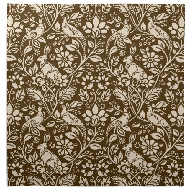 Pheasant and Hare Pattern, Brown and Beige  Cloth Napkin (Front)