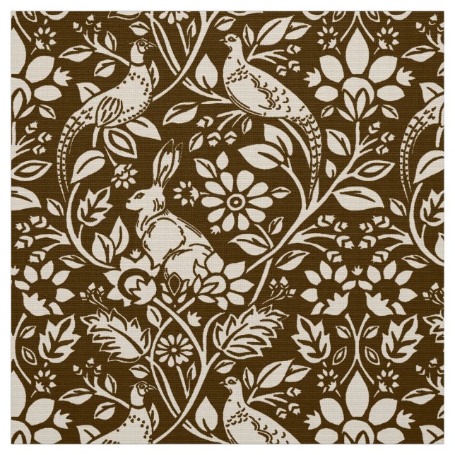 Pheasant and Hare Pattern, Brown and Beige  Fabric (Swatch)