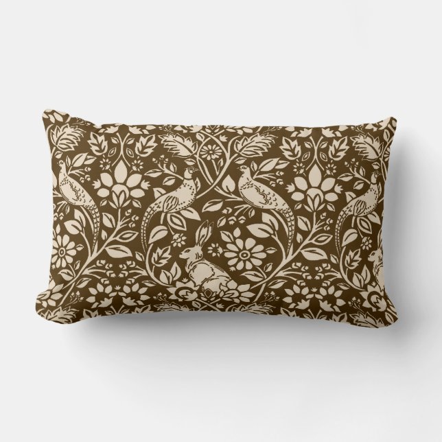 Pheasant and Hare Pattern, Brown and Beige   Lumbar Pillow (Front)