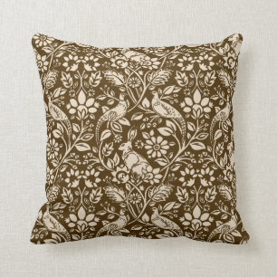 Pheasant and Hare Pattern, Brown and Beige Throw Pillow