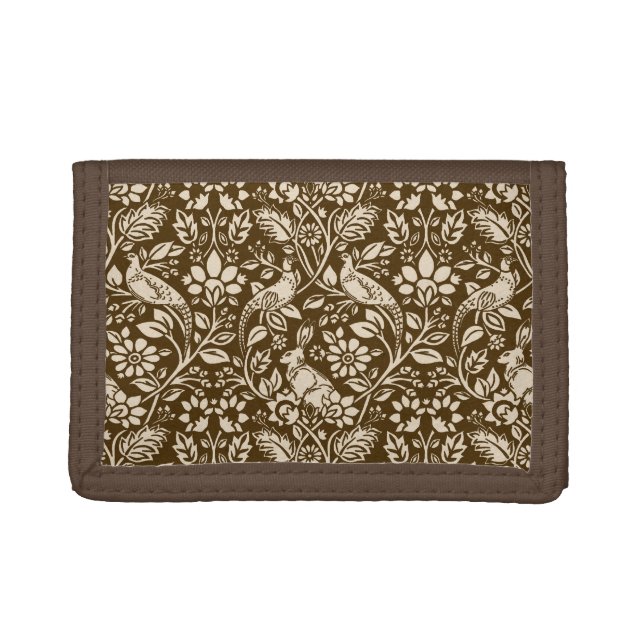 Pheasant and Hare Pattern, Brown and Beige   Tri-fold Wallet (Front)