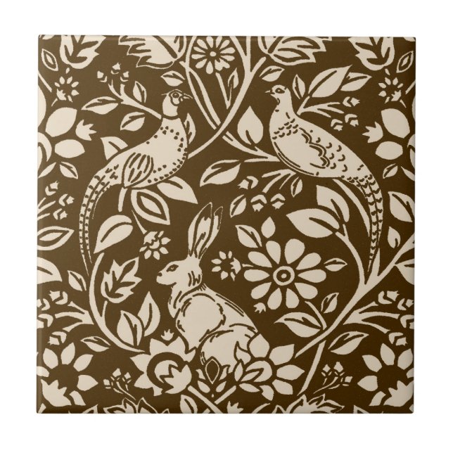 Pheasant and Hare Pattern,  Brown and Cream Ceramic Tile (Front)